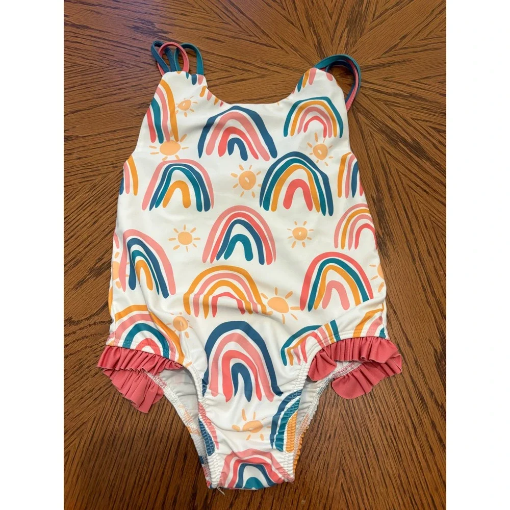 Mud Pie Girls 5T Rainbow Sun One Piece Swimsuit Ruffle Bow Back White Pink Teal